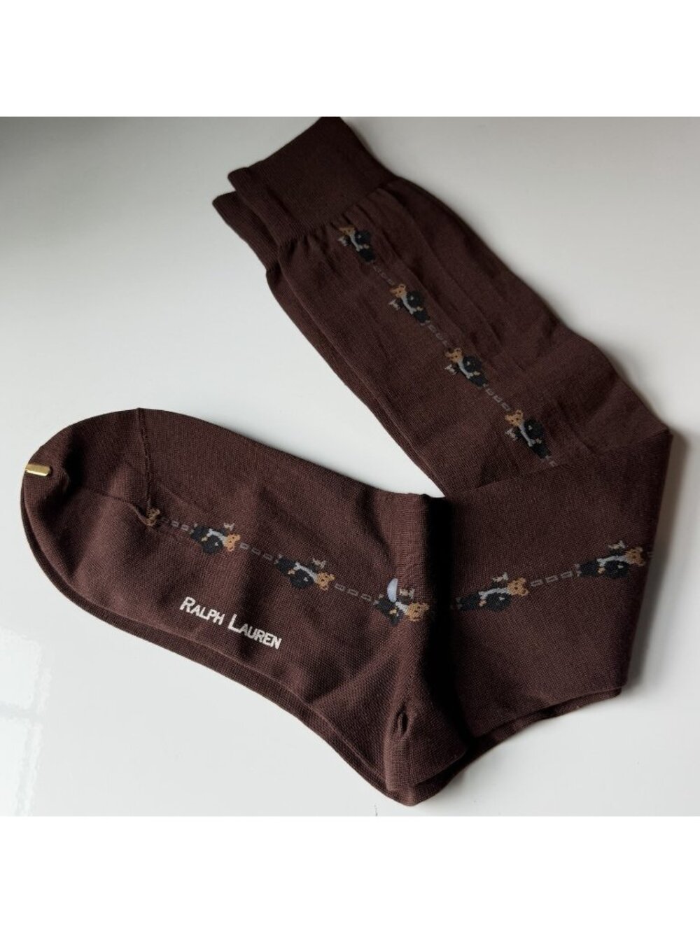 Polo Ralph Lauren Bear Tuxedo Socks 1 Pair Brown Over the Calf Dress NWOT
